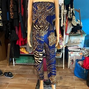 Royal blue and leopard tiger striped strapless jumpsuit one size
